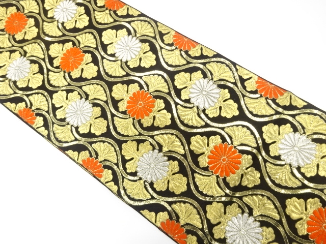 JAPANESE KIMONO / ANTIQUE FUKURO OBI / SILK / WOVEN KIKU & ABSTRACT TATEWAKU PATTERN